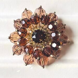 Vtg Amber Austrian Crystal Bead Flower Brooch Smoky Topaz Cluster Beads Pin